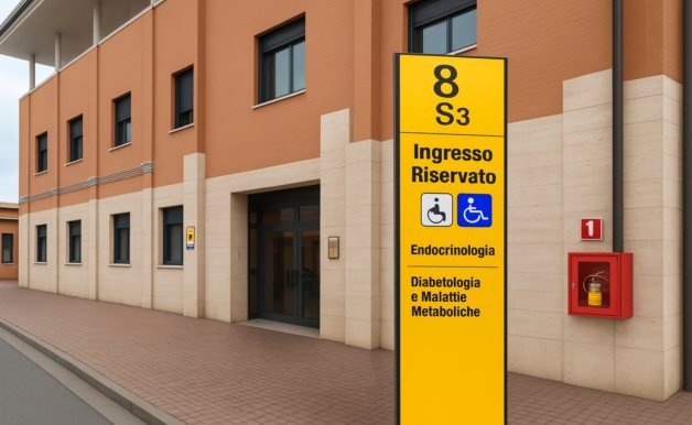 Ingresso dell'edificio 8 all'Ospedale di Cisanello, con il totem giallo di Endocrinologia